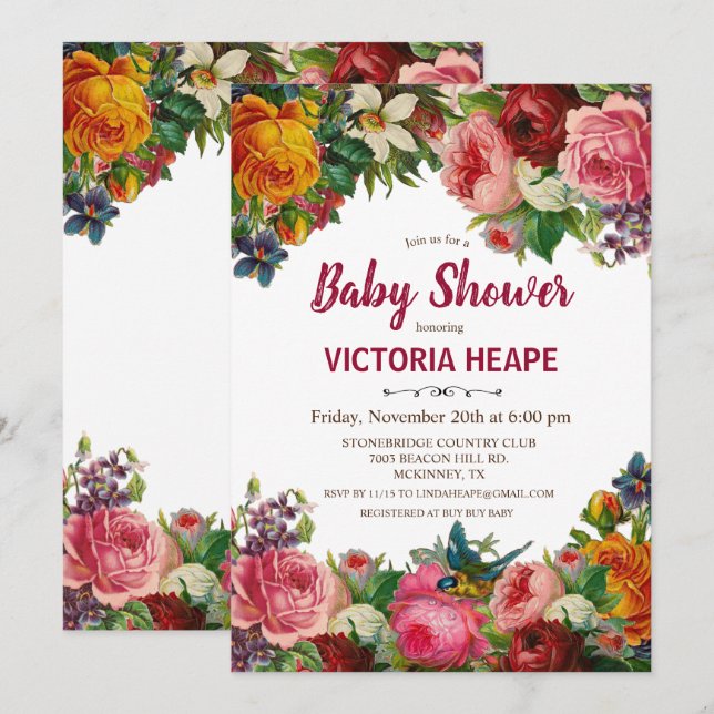 Invitation de baby shower florale victorienne vint (Devant / Derrière)