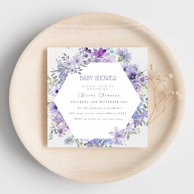 Invitation de baby shower florale violet lilac  (Créateur téléchargé)