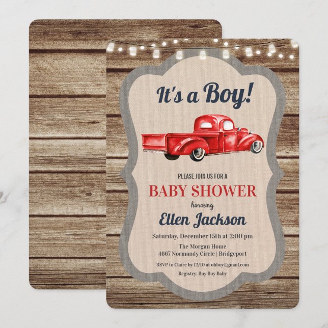 Invitation de Baby Shower Garçon Camion Vintage (Devant / Derrière)