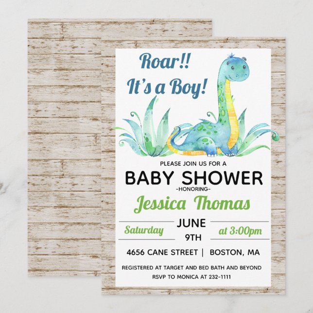 Invitation de Baby Shower Garçon Dinosaure Rustiqu (Devant / Derrière)