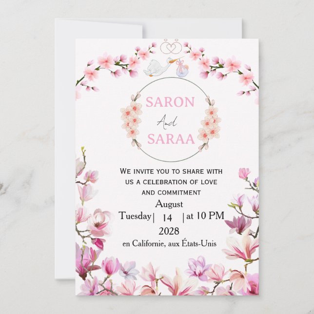 Invitation de Baby Shower Garçon-Fille Rose (Devant)