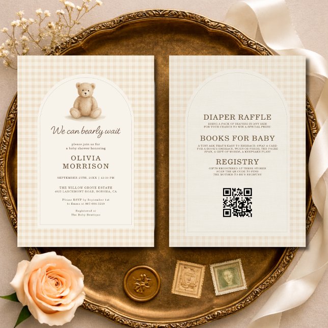 Invitation de Baby Shower «Gingham Bearly Wait» To (Créateur téléchargé)