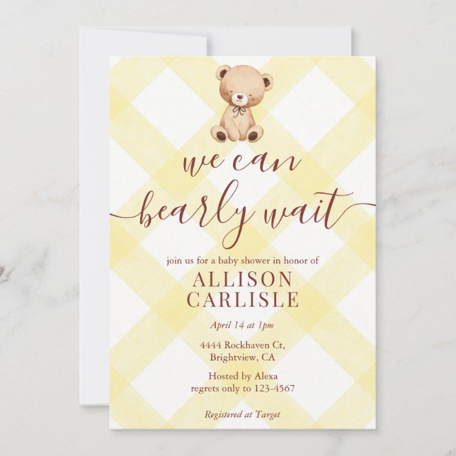 Invitation de baby shower Gingham Ours en Peluche  (Devant)