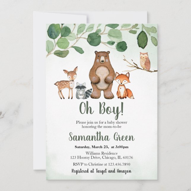 Invitation de Baby Shower Greenery Woodland (Devant)