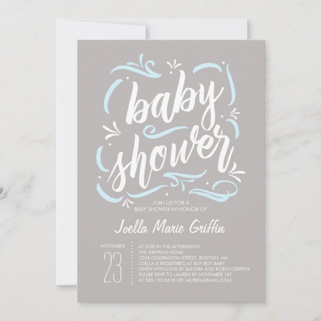 Invitation de Baby shower gris et bleu doux (Devant)