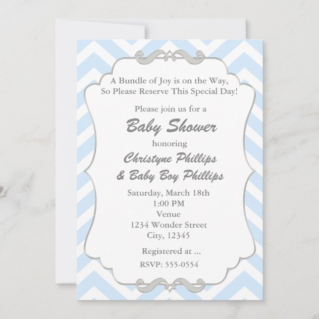 Invitation de baby shower grise et bleue à chevron (Devant)