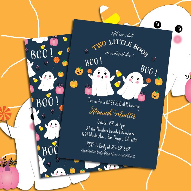 Invitation de Baby Shower Halloween Jumeaux Fantôm (Cute blue twin boys baby shower with a Halloween theme . )