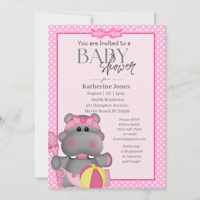 Invitation de Baby shower Hippo rose mignon (Devant)