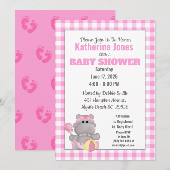 Invitation de Baby shower Hippo rose mignon (Devant / Derrière)