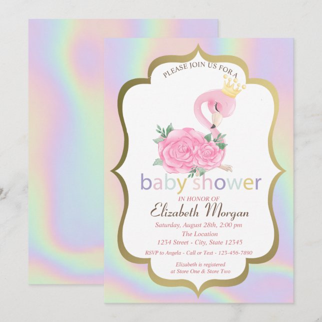 Invitation de baby shower holographique Flamant Ro (Devant / Derrière)
