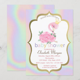 Invitation de baby shower holographique Flamant Ro