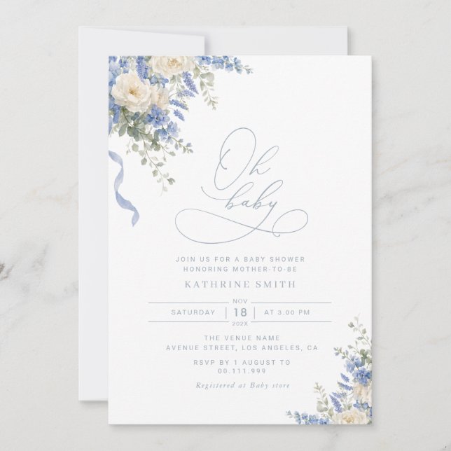 Invitation de baby shower Hydrangea Dusty Blue (Devant)