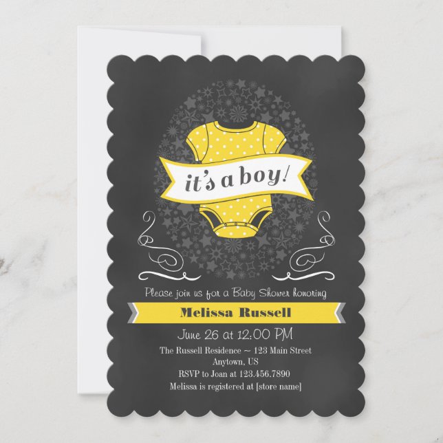 Invitation  de Baby shower Jaune Chalkboard Boy (Devant)