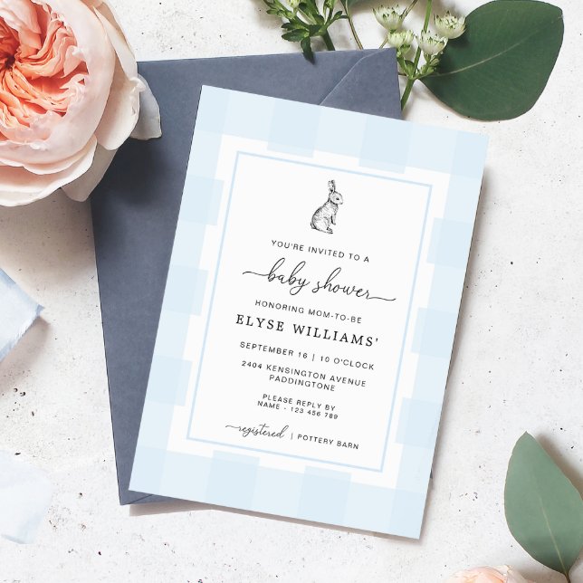 Invitation de Baby Shower Lapin aux carreaux bleus (Baby Shower Invitation Blue Gingham Check Bunny Rabbit)