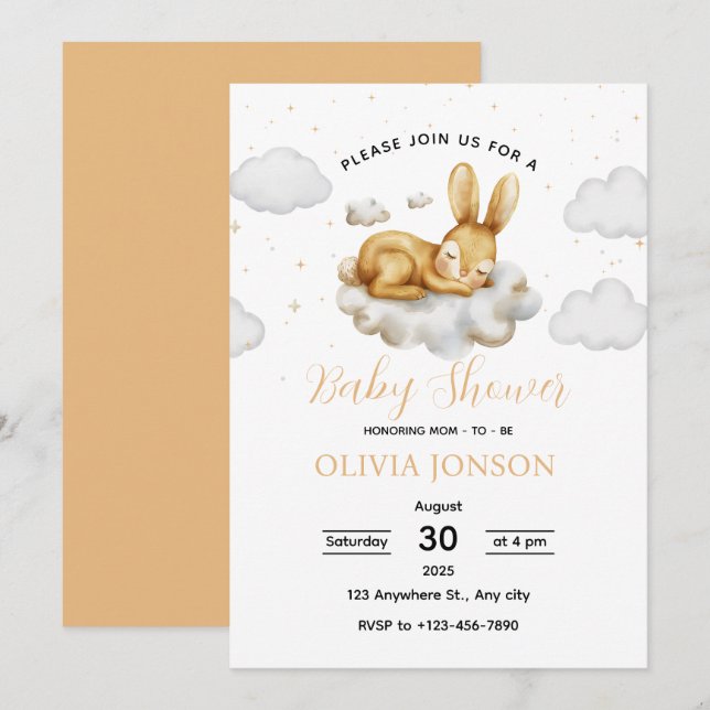 Invitation de Baby Shower Lapin Endormi (Devant / Derrière)