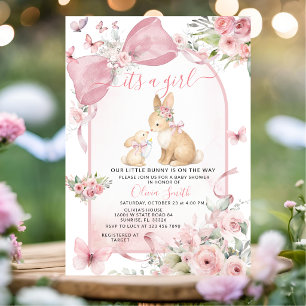 Invitation de baby shower Lapin Floral Rose avec u