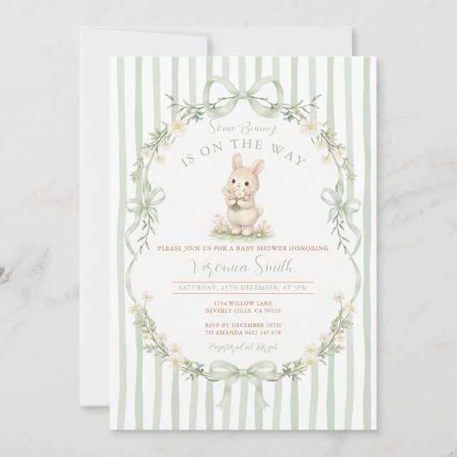 Invitation de baby shower Lapin Sage Vert à rayure (Devant)