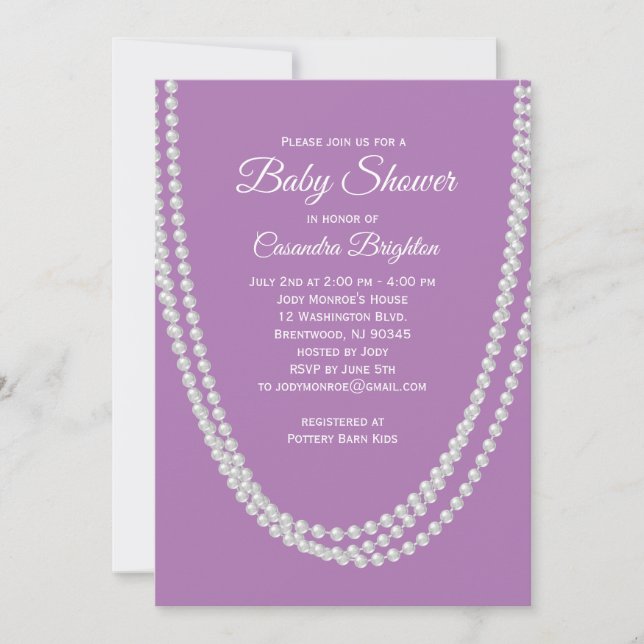 Invitation de Baby shower Lavande et perles (Devant)