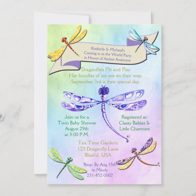 Invitation de Baby Shower Libellule aux Tons Paste (Devant)