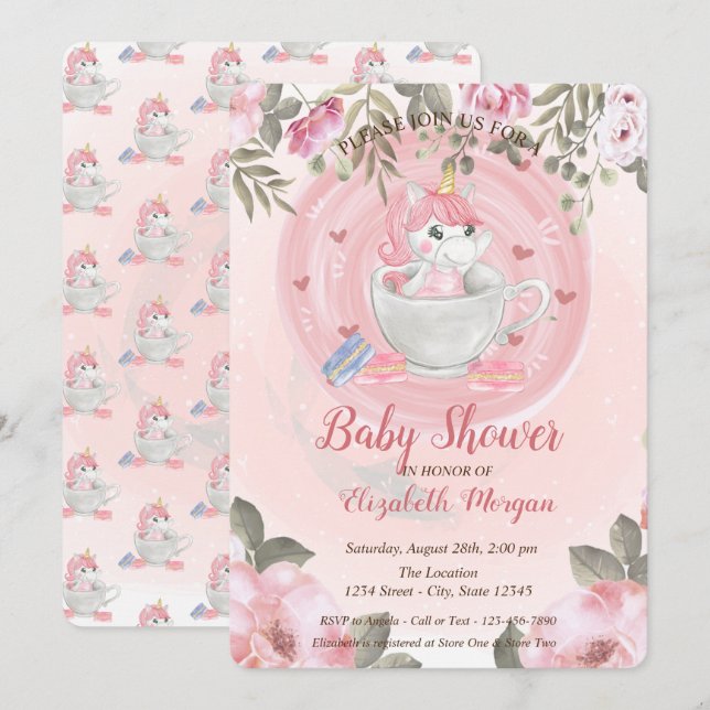 Invitation de baby shower licorne mignonne et flor (Devant / Derrière)