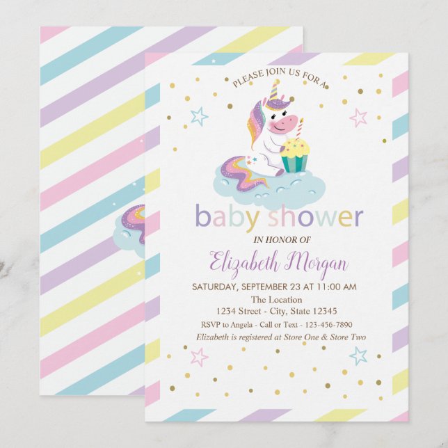 Invitation de baby shower licorne rayée avec des é (Devant / Derrière)