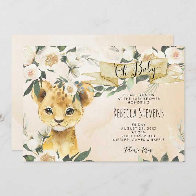 Invitation de baby shower Lion cub floral neutre (Devant / Derrière)