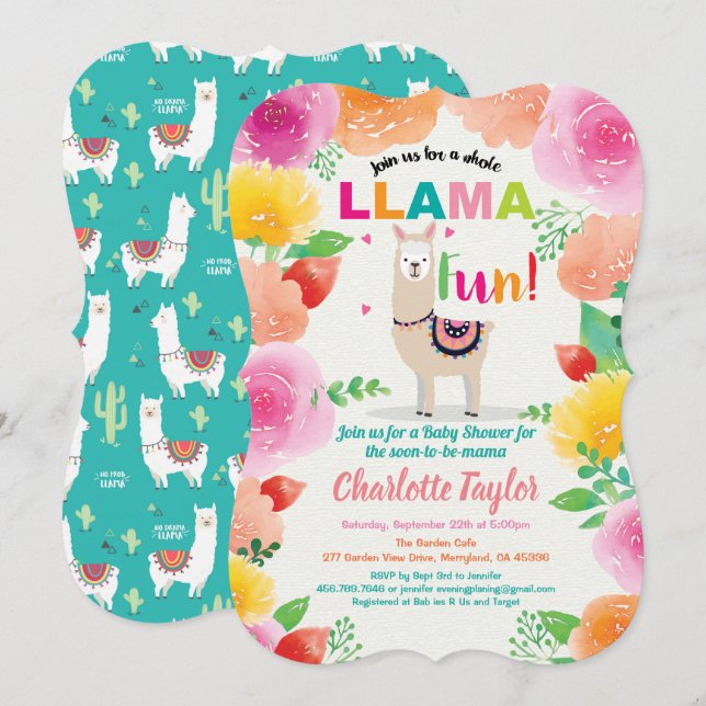 Invitation de baby shower ludique Llama. Alpaga (Devant / Derrière)