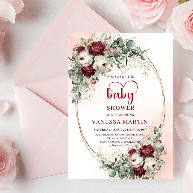 Invitation de baby shower Luxe Rouge Profond et Or (Luxe Deep Red and Gold Baby Shower Invitation)