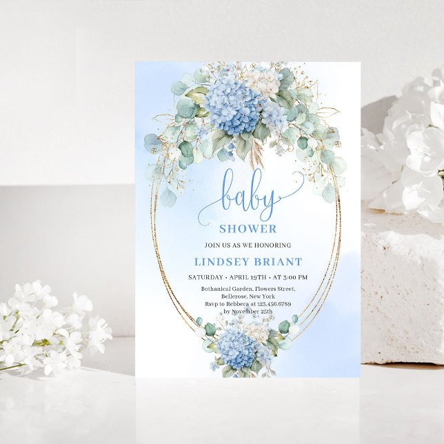 Invitation de Baby Shower Luxueuse Bohème avec Hyd (Luxury Bohemian Blue Hydrangea Baby Shower Invitation)