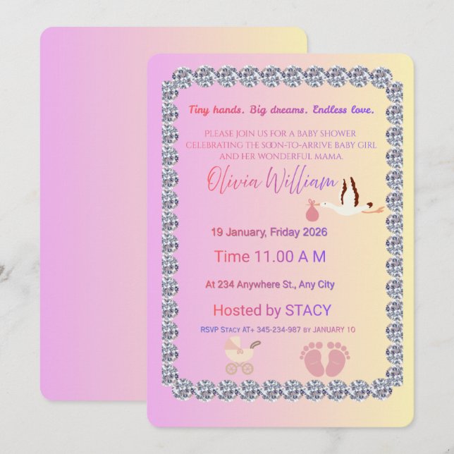 Invitation de Baby Shower Luxueuse Rose et Diamant (Devant / Derrière)