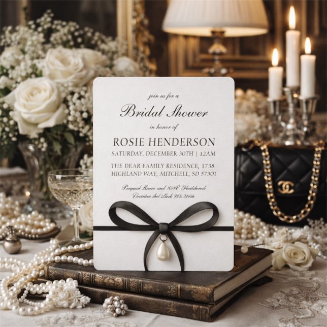 Invitation de Baby Shower Mariage avec Nœud Noir e (Black Bow With Pearl Old Money Style Bridal Shower Invitation!)