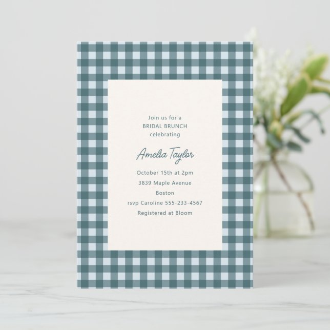 Invitation de Baby Shower Mariage Brunch Bleu Ging (Debout devant)
