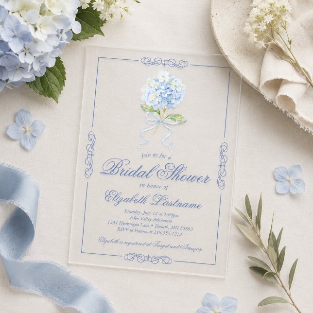 Invitation de Baby Shower Mariage en Acrylique Hyd (Elegant Blue Hydrangea Bridal Shower Acrylic Invitations)