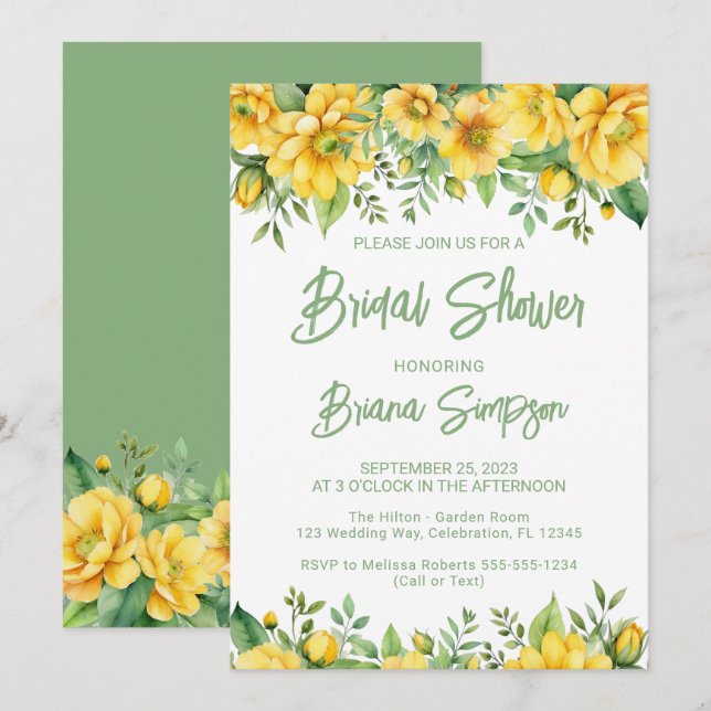 Invitation de Baby Shower Mariage Fleurs Jaune Sau (Devant / Derrière)