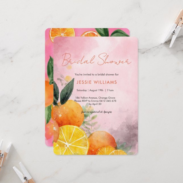 Invitation de Baby Shower Mariage Oranges d'été (Devant/Arrière en situation)