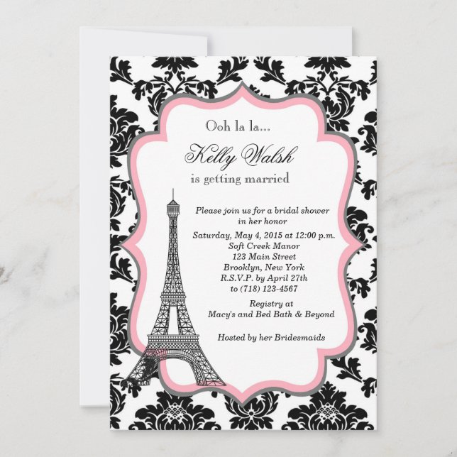 Invitation de Baby Shower Mariage Tour Eiffel Rose (Devant)
