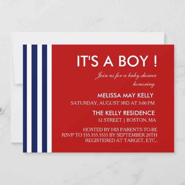 Invitation de Baby shower marin et rouge (Devant)