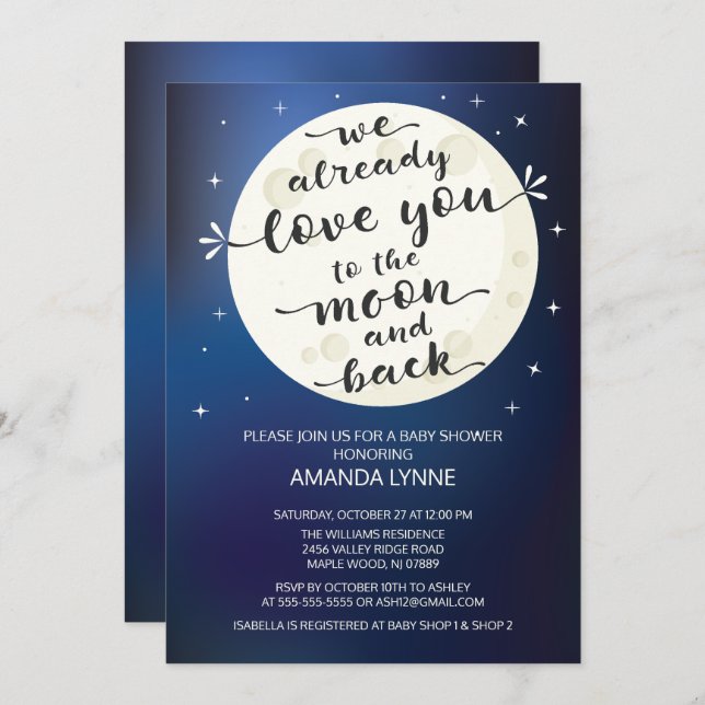 Invitation de Baby shower mignon Love Moon & Back (Devant / Derrière)