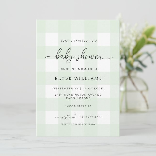 Invitation de Baby shower Mint Green En vichy (Debout devant)