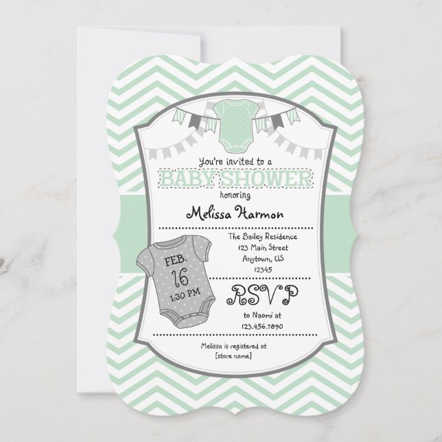 Invitation de Baby shower Mint Green Grey Chevron (Devant)