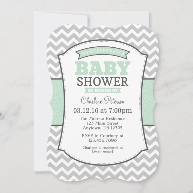 Invitation de Baby shower Mint Green Grey Chevron (Devant)