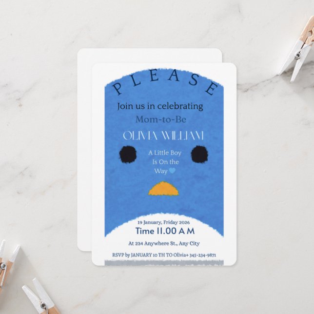 Invitation de Baby Shower Moderne au Manchot Bleu  (Devant/Arrière en situation)