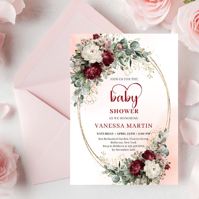 Invitation de baby shower moderne aux fleurs rouge (Modern Deep Red Floral Gold Baby Shower Invite

)