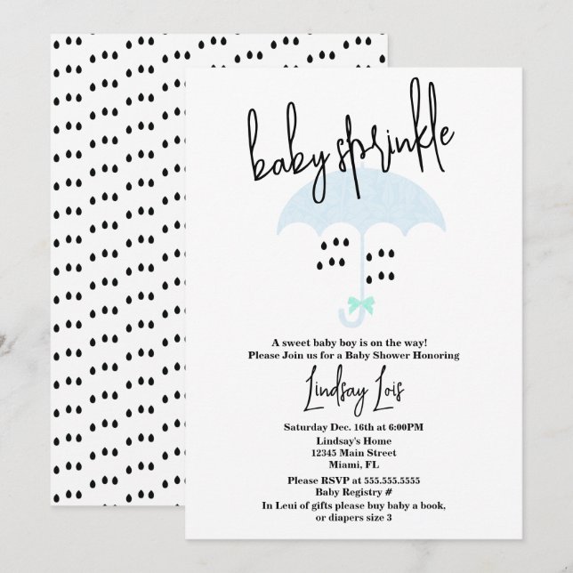 Invitation de Baby Shower Moderne Bleu avec des Sp (Devant / Derrière)