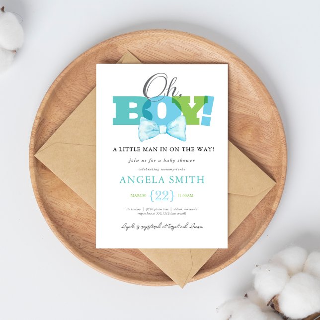 Invitation de Baby Shower Moderne Bleu Vert Oh Boy (Créateur téléchargé)