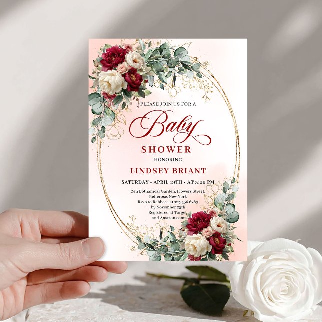 Invitation de Baby Shower Moderne Bohème Bourguign (Modern Boho Burgundy and Gold Baby Shower Invite)