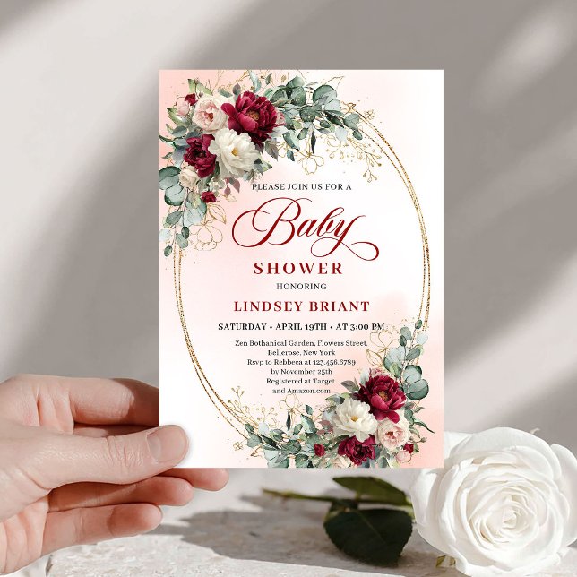Invitation de Baby Shower Moderne Bohème Bourguign (Modern Boho Burgundy and Gold Baby Shower Invite)