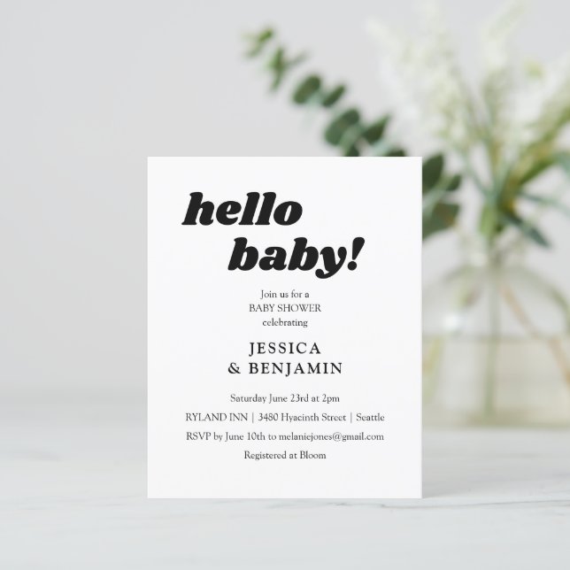 Invitation de baby shower moderne et blanche bonjo (Debout devant)