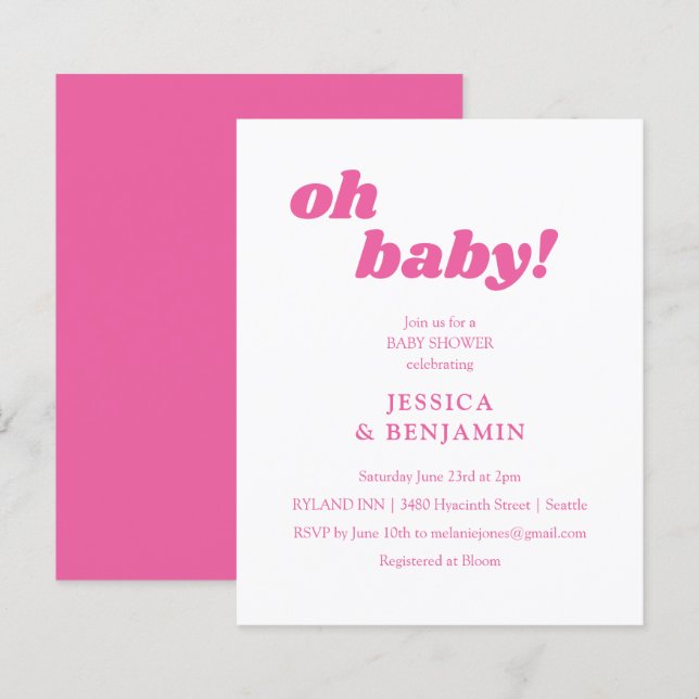 Invitation de baby shower moderne et mignonne rose (Devant / Derrière)