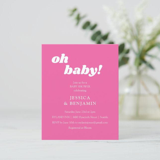 Invitation de baby shower moderne et mignonne rose (Debout devant)